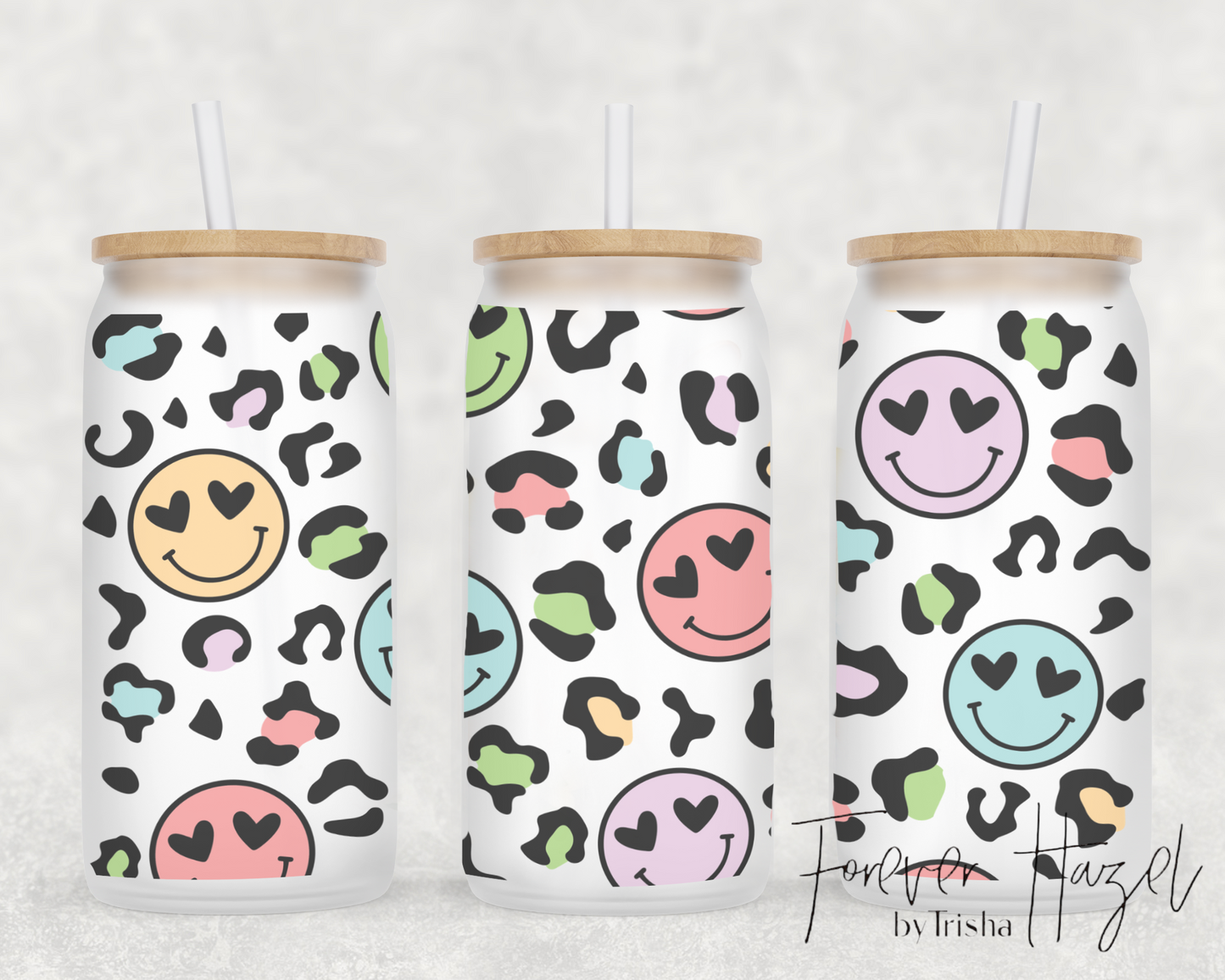 Rainbow Smileys & Cheetah 16oz Frosted Glass Can