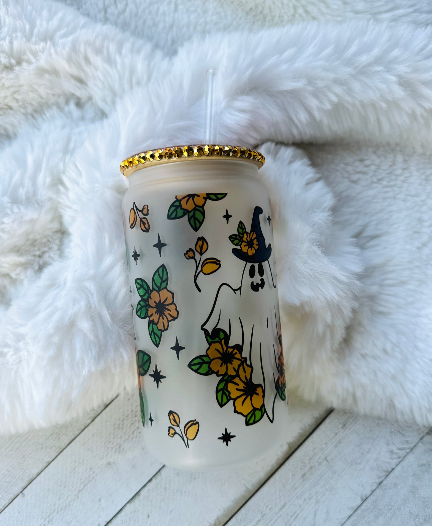 Floral Ghost Frosted Glass Can