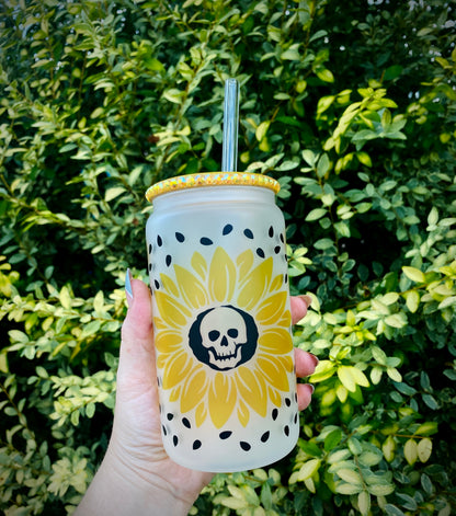 Sunflower Skulls Frosted Glass Can