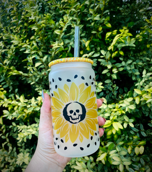Sunflower Skulls Frosted Glass Can
