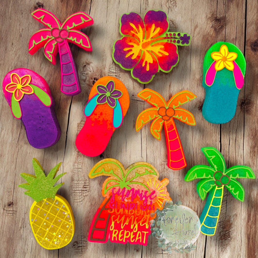 Neon Summer Collection Freshies | Palm Tree Freshie | Flip Flops Freshie | Sunrise Sunburn Sunset Repeat Freshie | Hibiscus Flower Freshie
