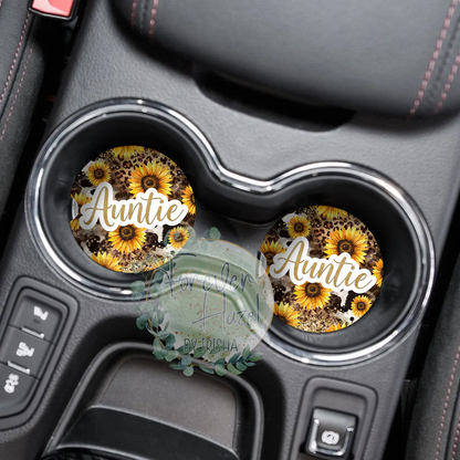 Auntie Cheetah and Sunflowers Car Coaster Set
