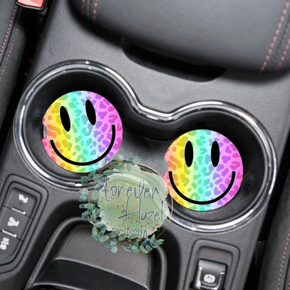 Rainbow Cheetah Smiley Car Coaster Set