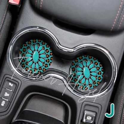 Turquoise and Cheetah Western Car Coaster Set