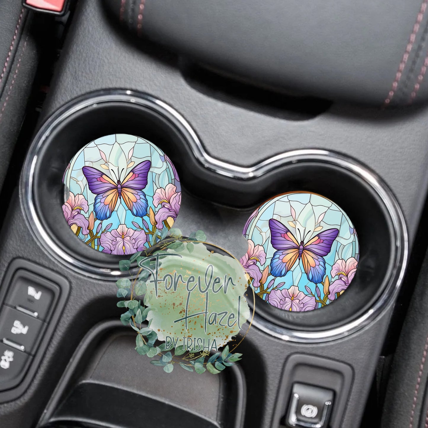 Purple Stained Glass Butterfly Car Coaster Set