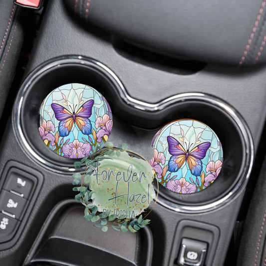 Purple Stained Glass Butterfly Car Coaster Set