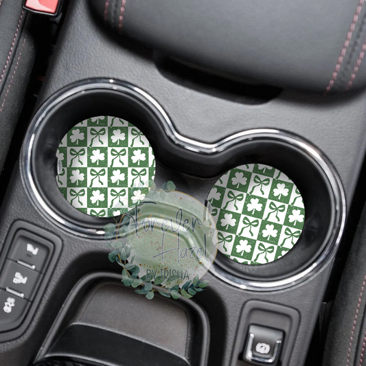 Checkered Clovers and Coquettes Car Coaster Set