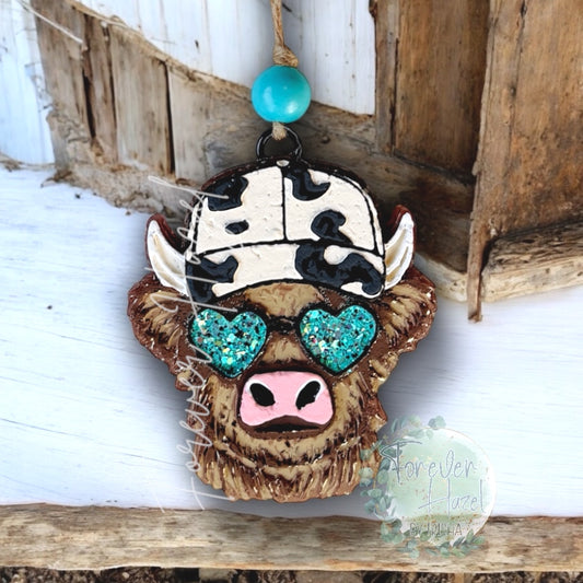 Highland Cow With Ball Cap Freshie: Western Aroma Bead Air Freshener