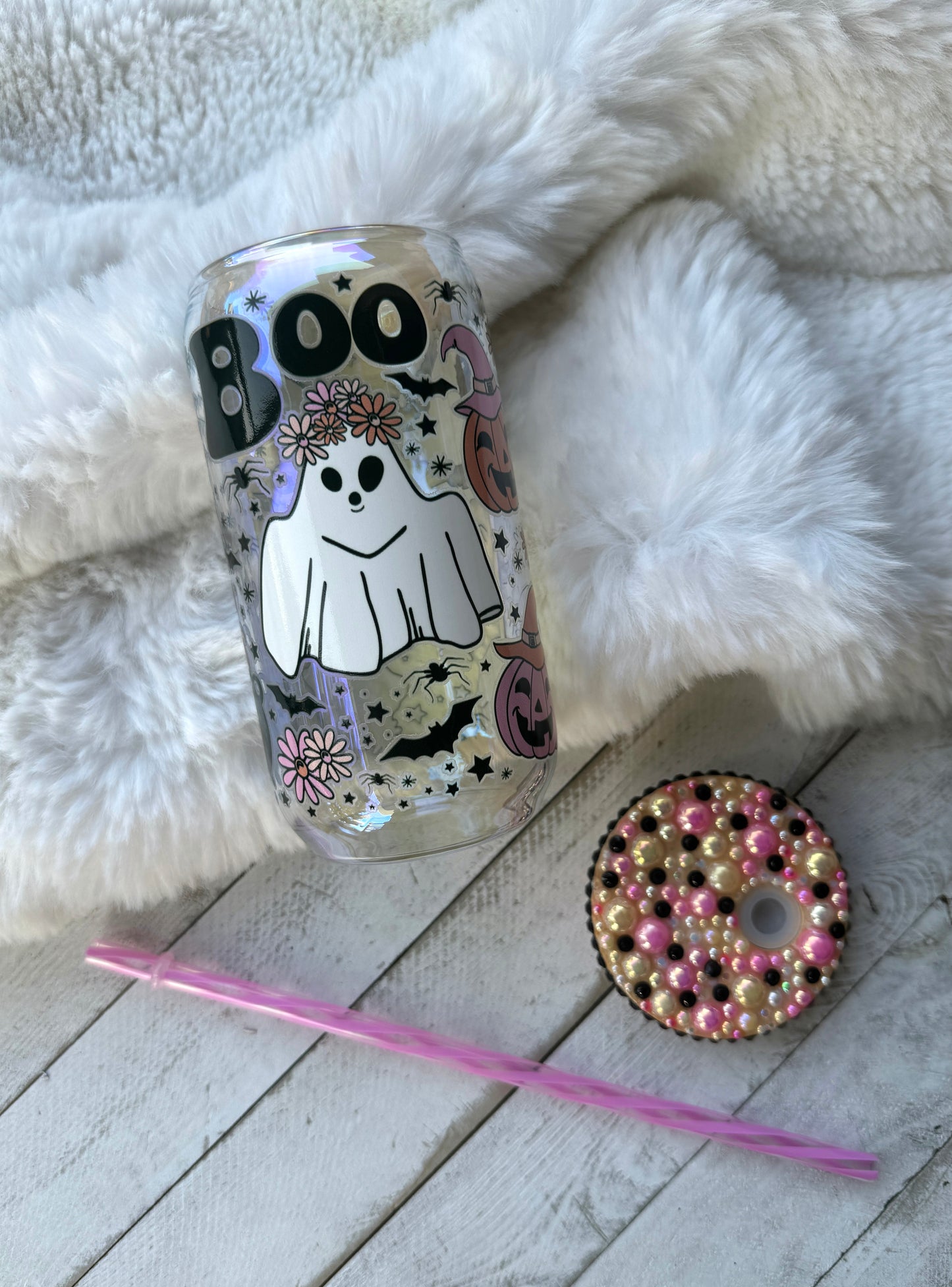 Boo Spooky Things Iridescent 16oz Glass Can