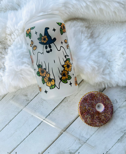 Floral Ghost Frosted Glass Can