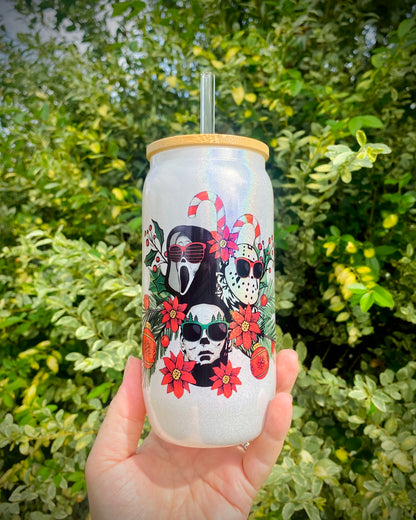 Horror Floral Christmas 16oz Glass Can