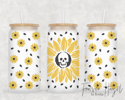 Skull & Sunflower 16oz Frosted Glass Can