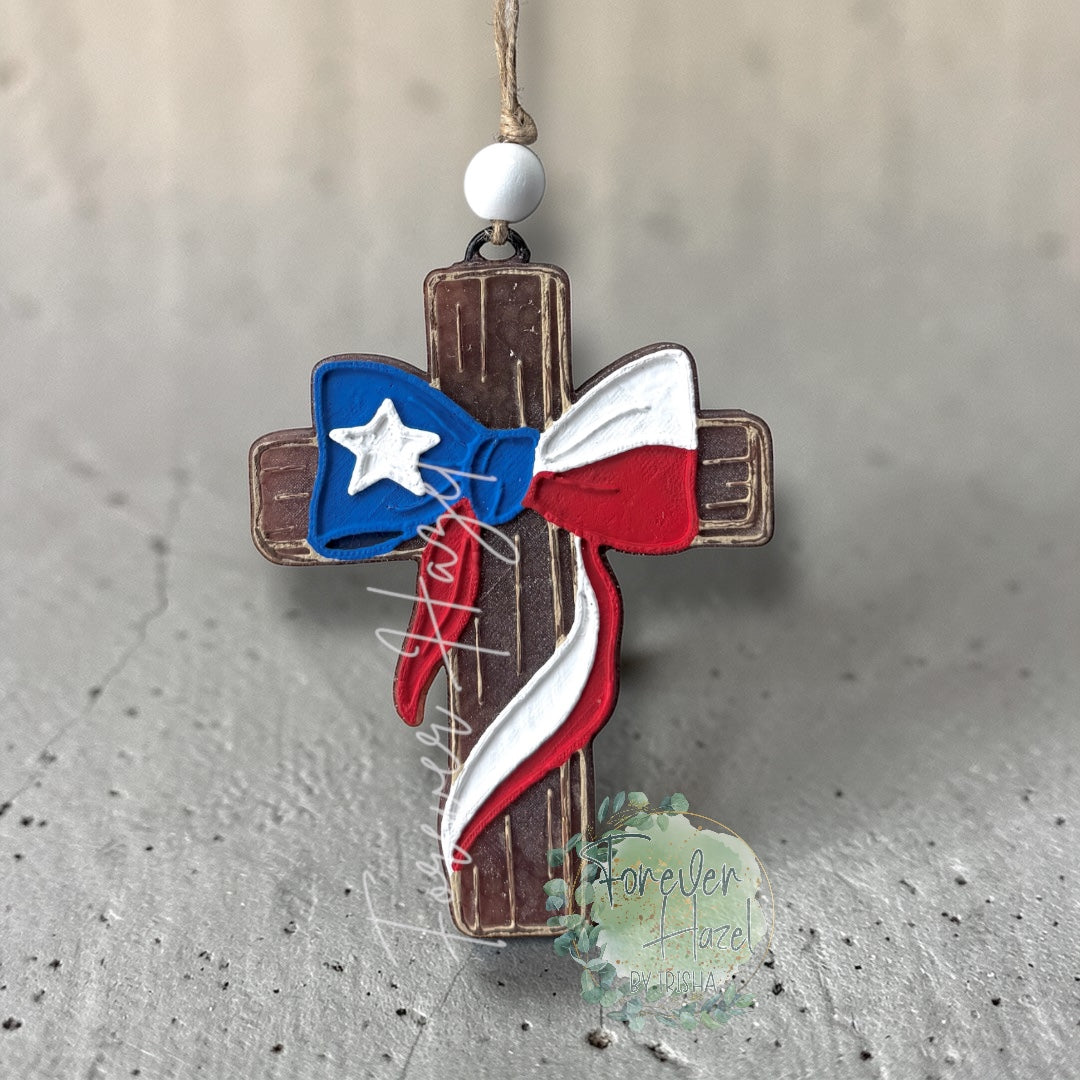 Texas Flag Bow Cross Freshie: Religious Aroma Bead Air Fresheners