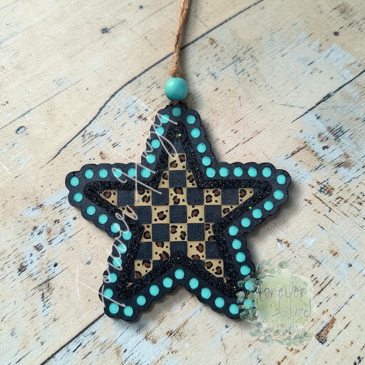 Turquoise and Cheetah Checkered Star Freshie: Western Aroma Bead Air Freshener