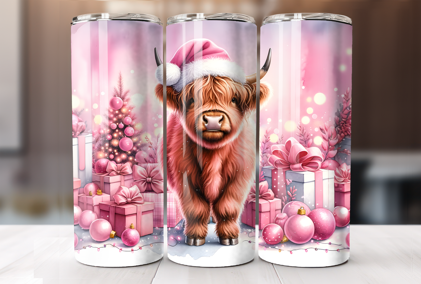Pink Christmas Highland Cow Tumbler
