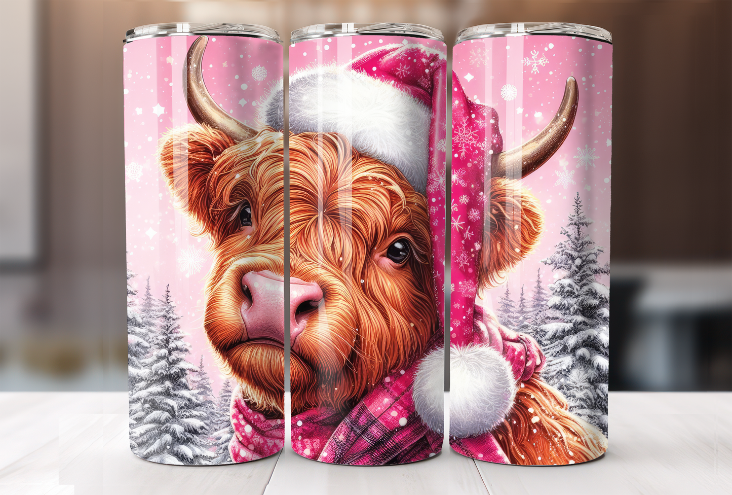 Pink Christmas Highland Cow Tumbler