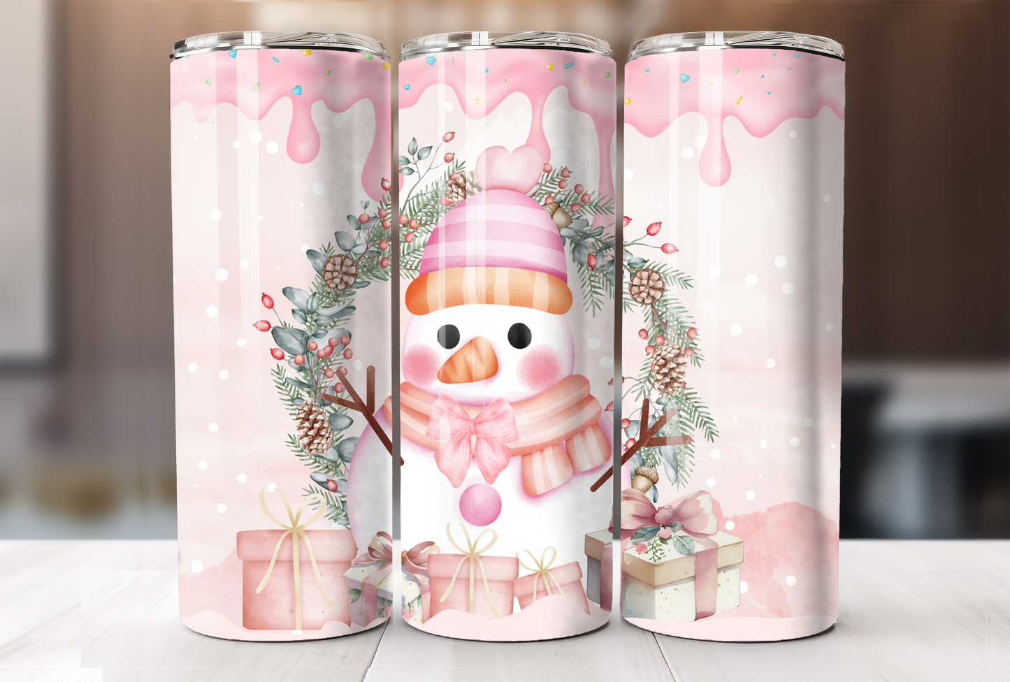 Pink Christmas Snowman Tumbler