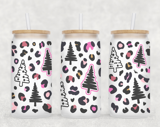 Pink Cheetah Christmas Trees 16oz Frosted Glass Can