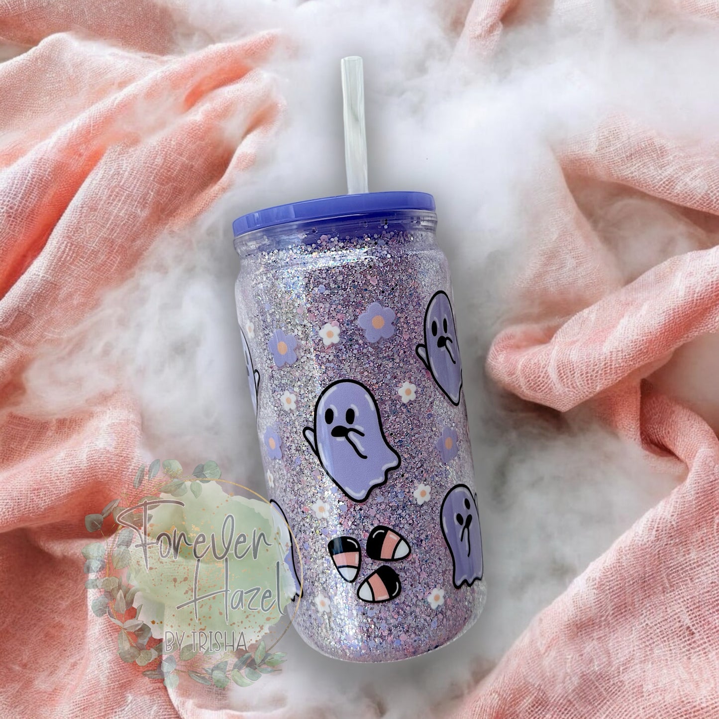 Cute Ghosties and Candy Corn 16oz Acrylic Glitter Can