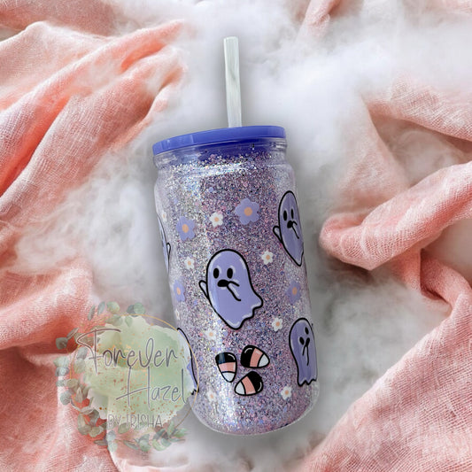 Cute Ghosties and Candy Corn 16oz Acrylic Glitter Can