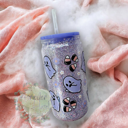 Cute Ghosties and Candy Corn 16oz Acrylic Glitter Can