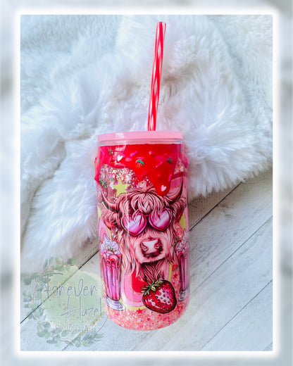 Strawberry Highland Cow 16oz Acrylic Snowglobe Glitter Can