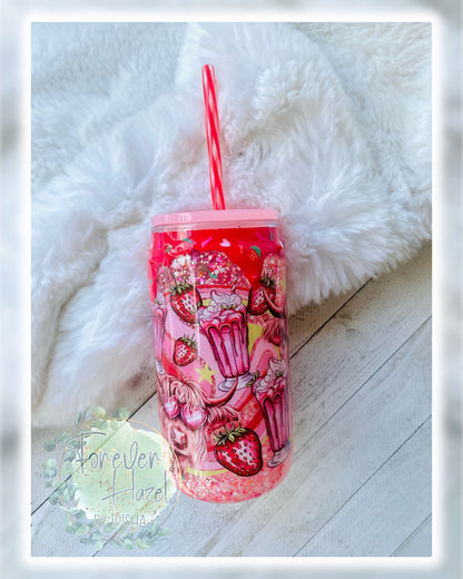 Strawberry Highland Cow 16oz Acrylic Snowglobe Glitter Can