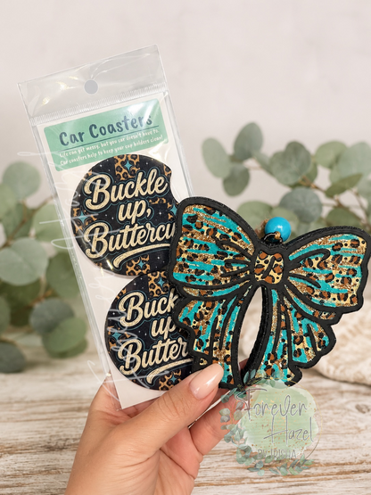 Turquoise and Cheetah Western Car Coaster Set