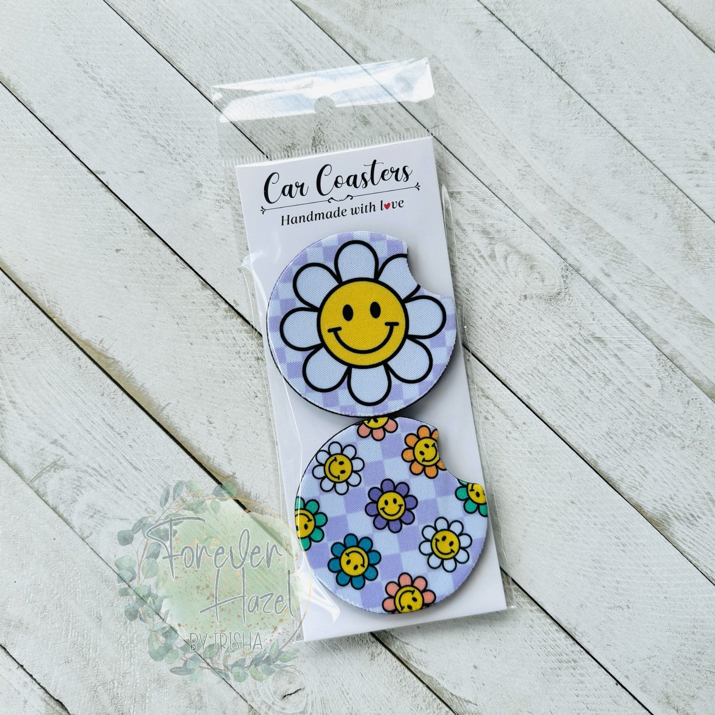 Purple Retro Smiley Face Car Coaster Set