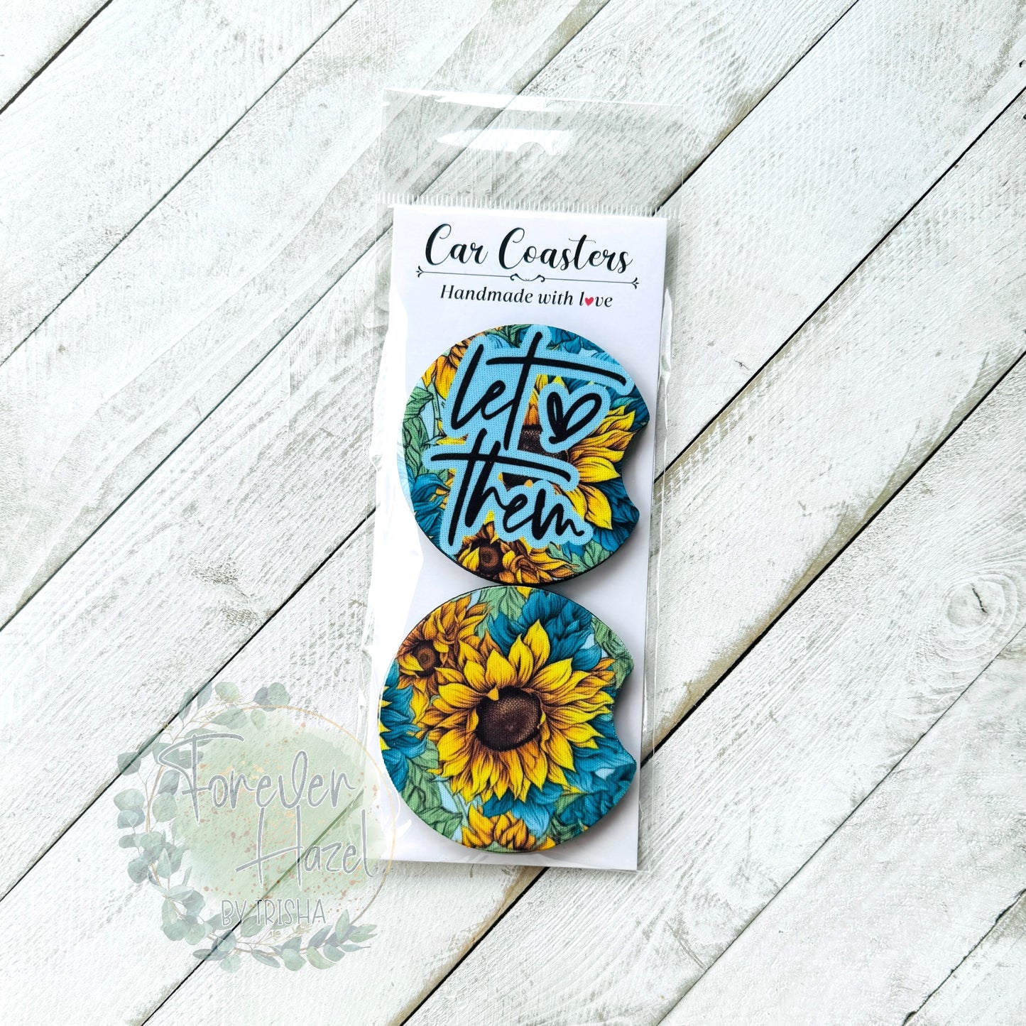 Let Them Sunflower Car Coaster Set