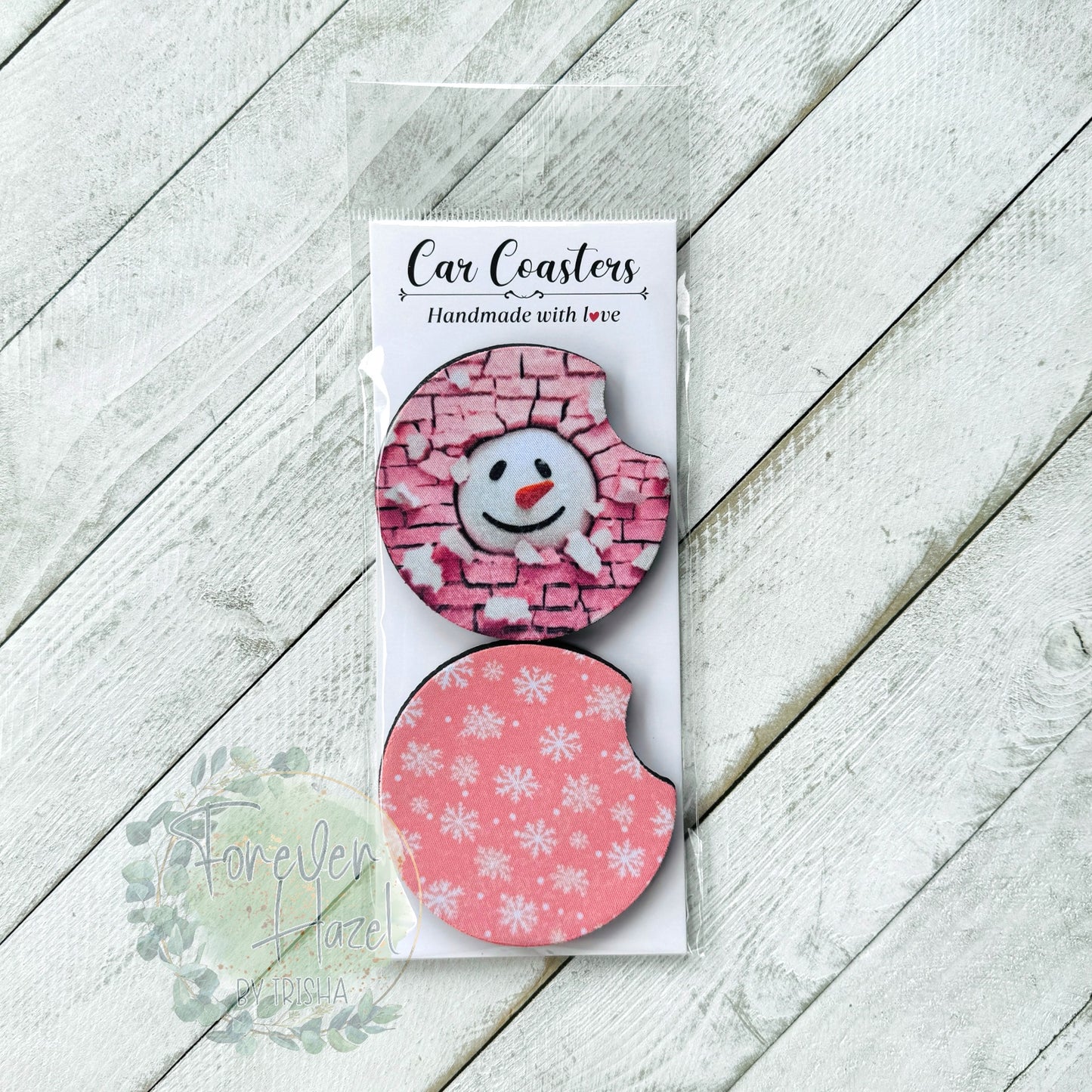 Pink Snowman Car Coaster Set