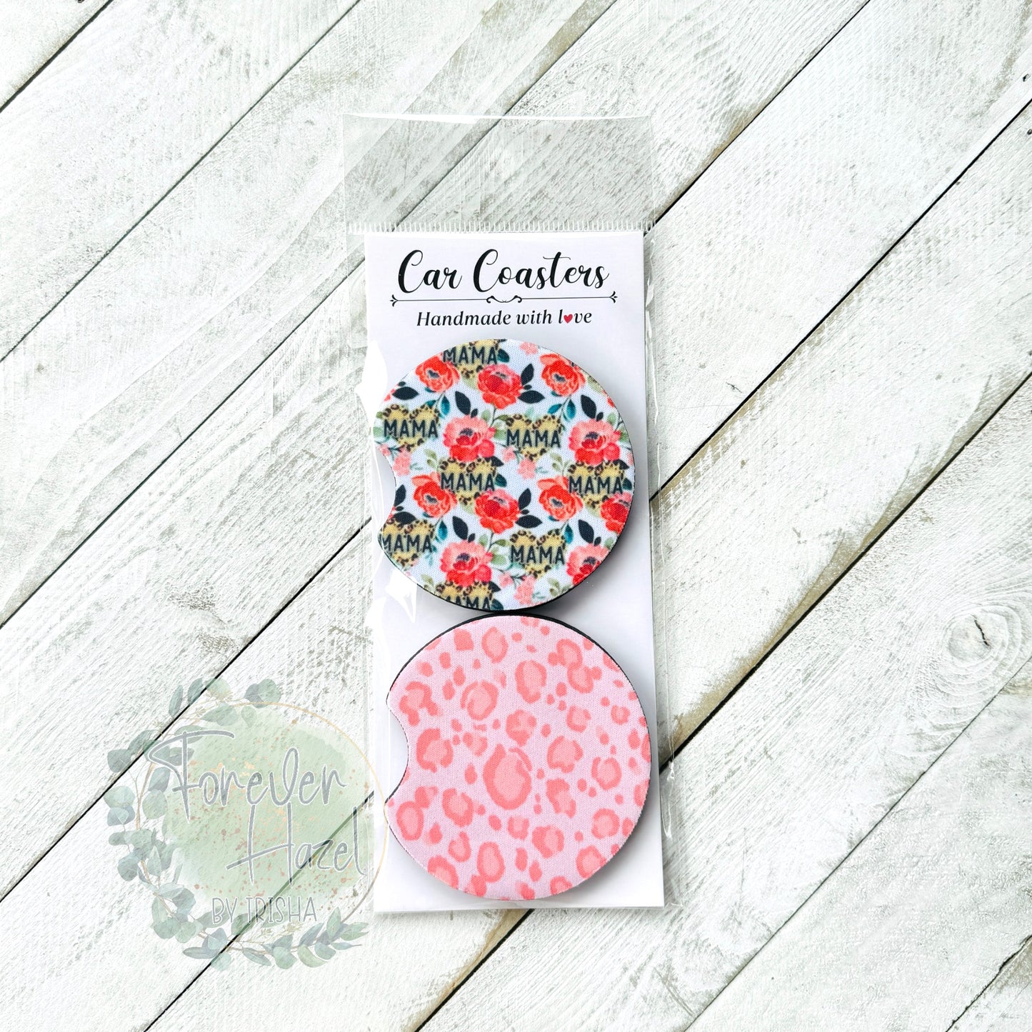 Pink Cheetah & Mama Car Coaster Set