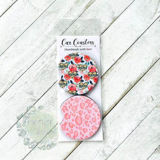 Pink Cheetah & Mama Car Coaster Set