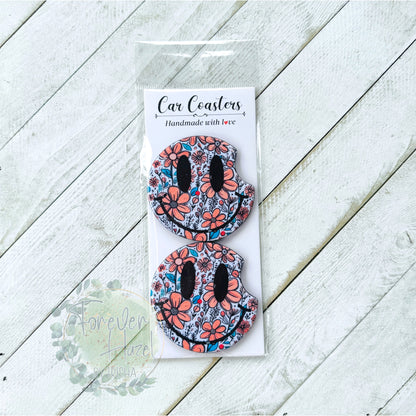 Floral Smiley Face Car Coaster Set