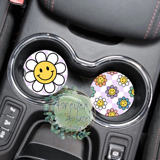 Purple Retro Smiley Face Car Coaster Set