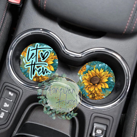 Let Them Sunflower Car Coaster Set