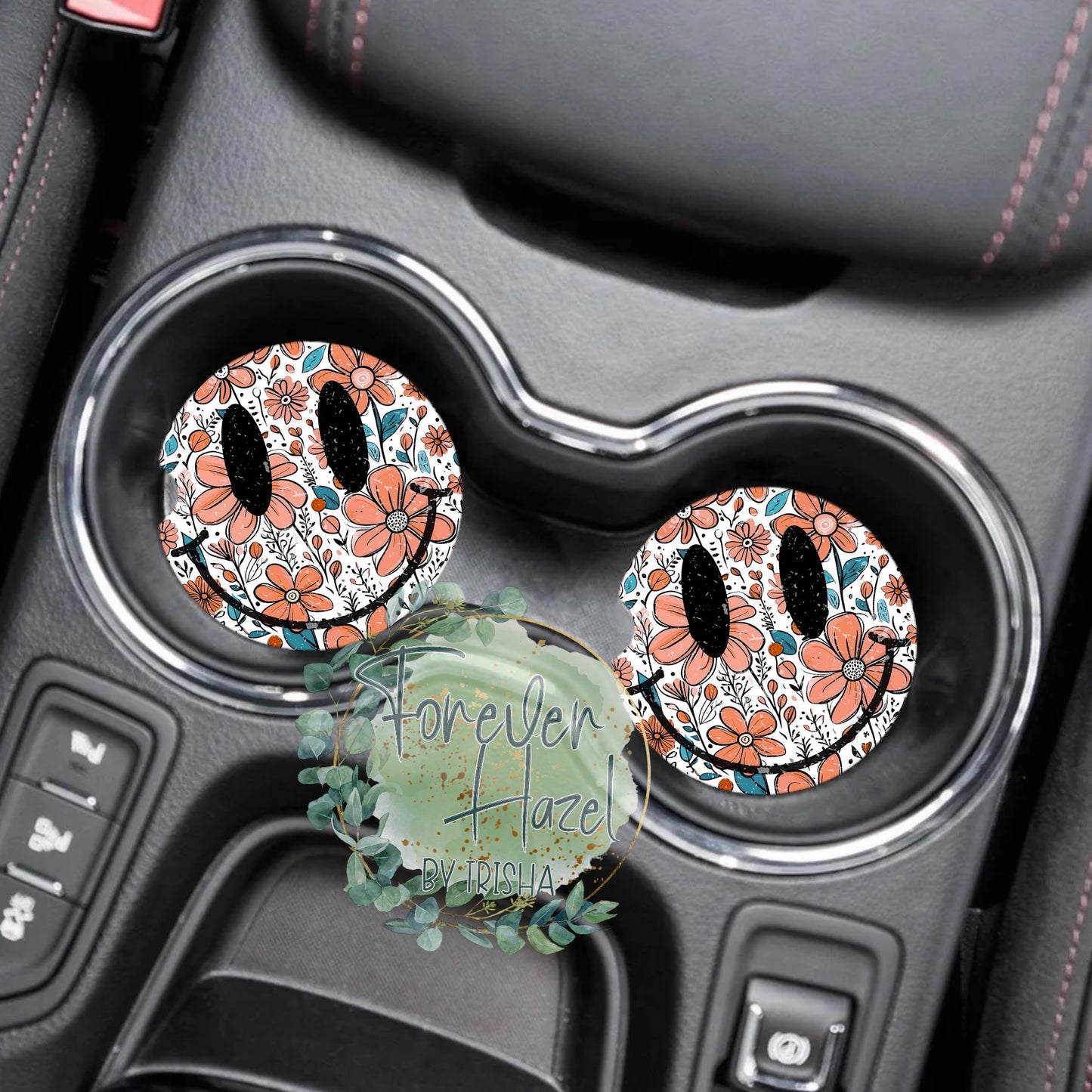 Floral Smiley Face Car Coaster Set