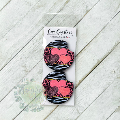 Zebra & Hearts Car Coaster Set