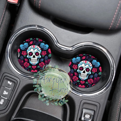 Floral Skulls Car Coaster Set