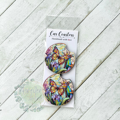 Stained Glass Butterfly Car Coaster Set