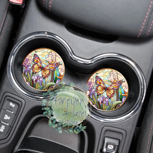 Stained Glass Butterfly Car Coaster Set
