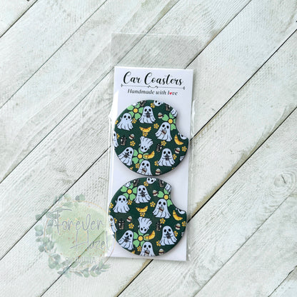 Green Coffee, Ghosts & Croissants Car Coaster Set