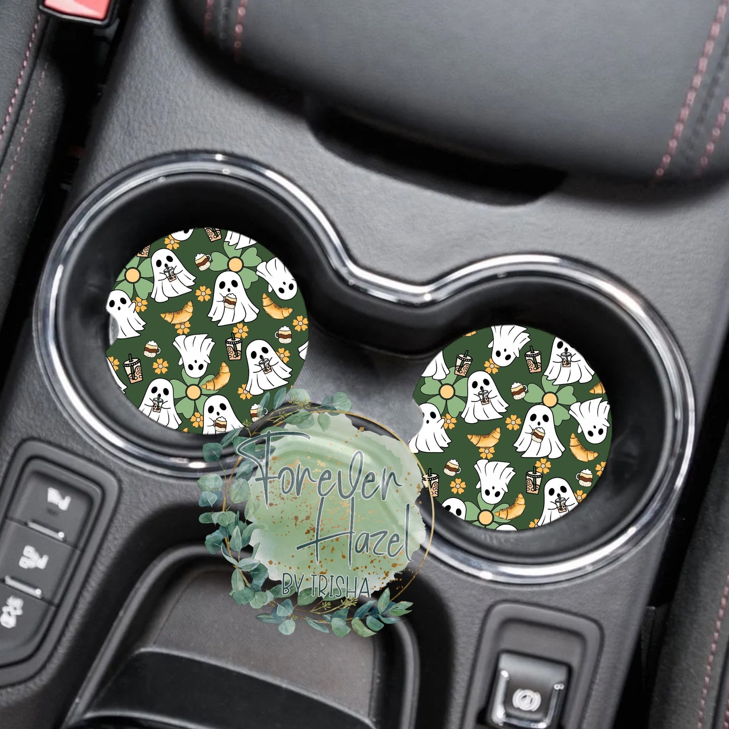 Green Coffee, Ghosts & Croissants Car Coaster Set