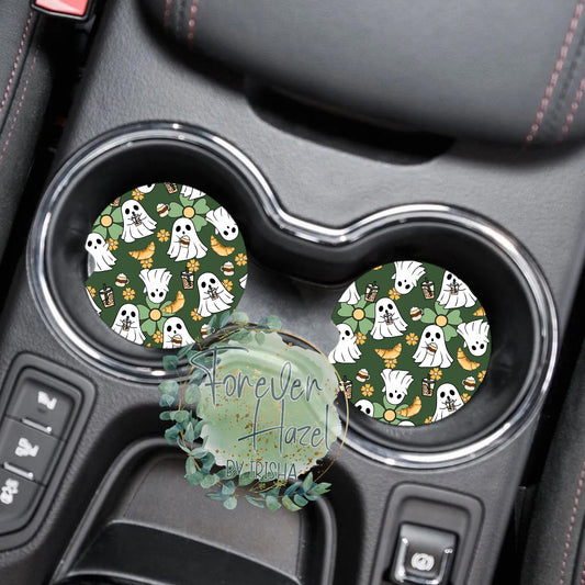 Green Coffee, Ghosts & Croissants Car Coaster Set