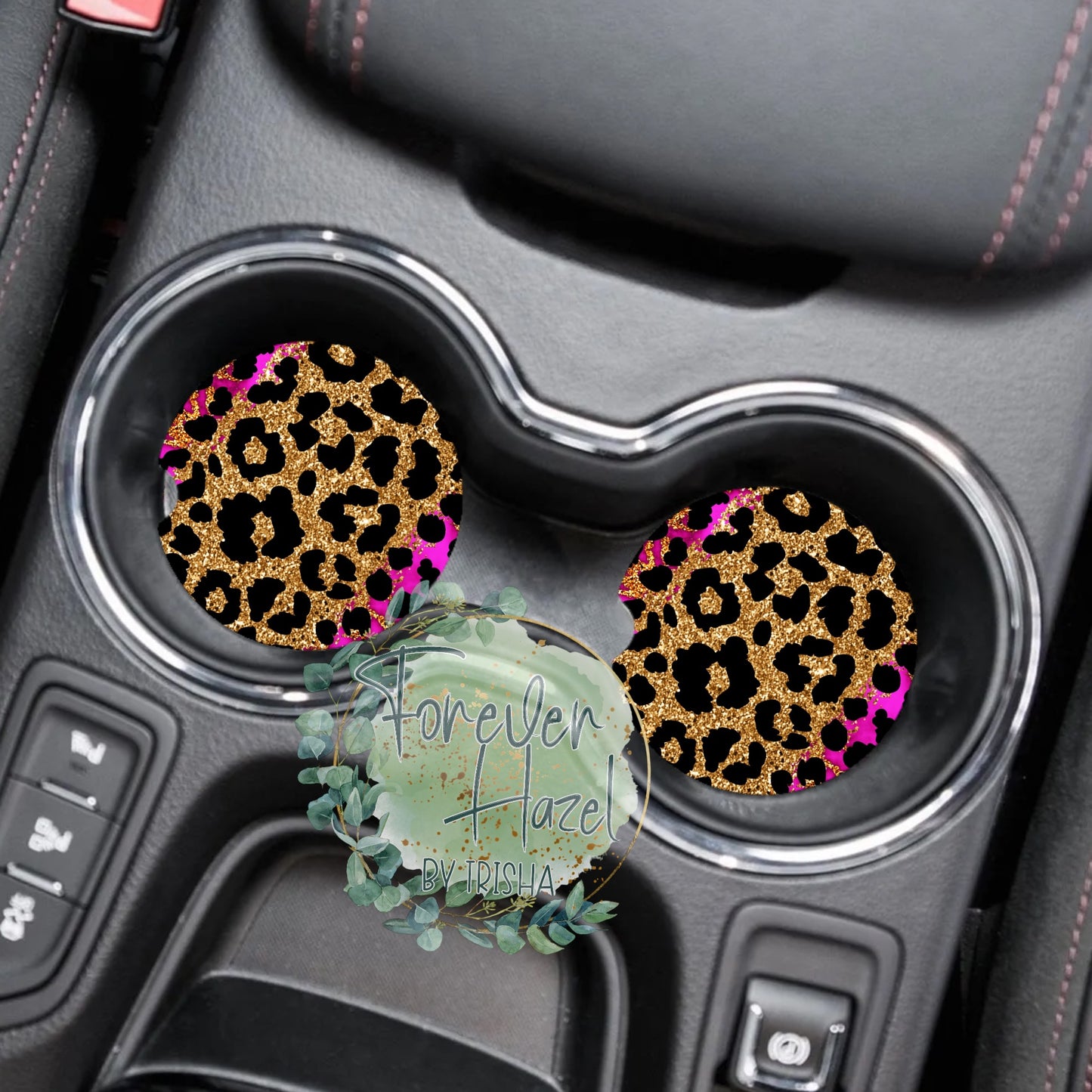 Pink and Cheetah Car Coaster Set