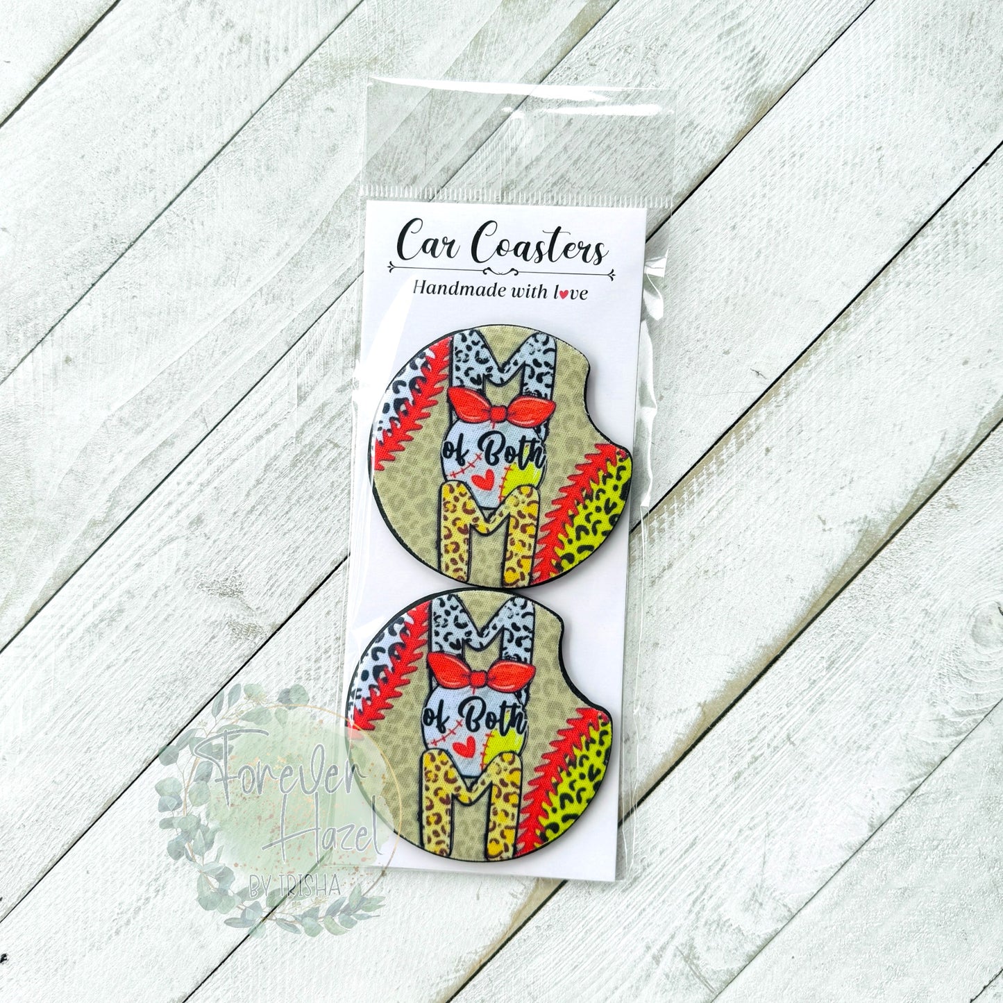 Mom of Both; Softball & Baseball Car Coaster Set