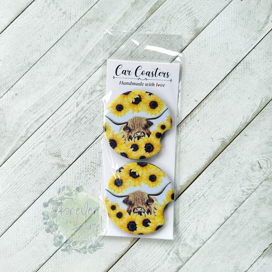 Sunflowers & Longhorn Car Coaster Set
