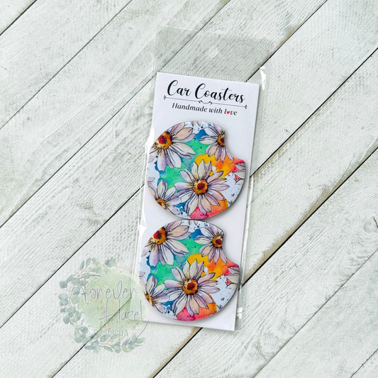 Watercolor Daisies Car Coaster Set