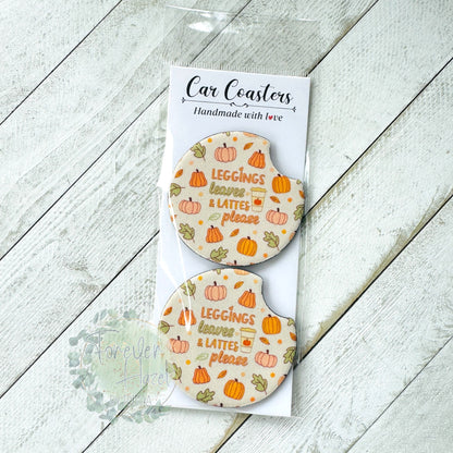 Leggings Leaves and Lattes Please Car Coaster Set