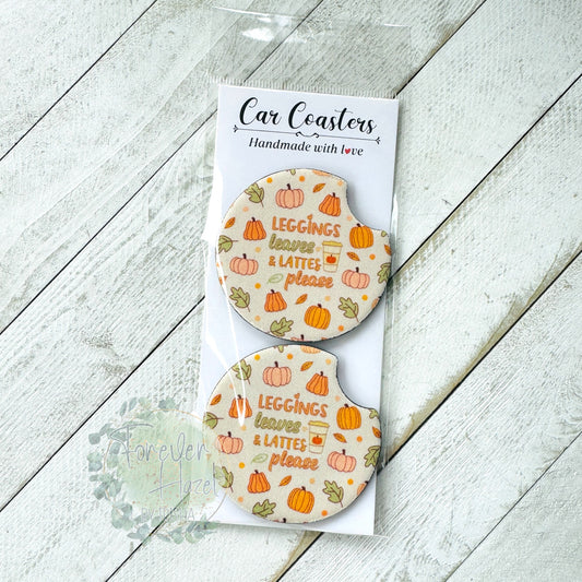 Leggings Leaves and Lattes Please Car Coaster Set